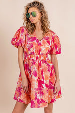 Puff Sleeve Floral Print V-Neck Dress