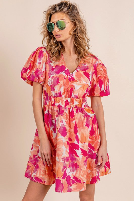 Puff Sleeve Floral Print V-Neck Dress