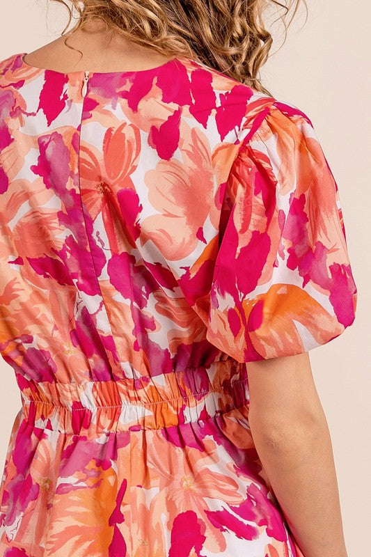 Puff Sleeve Floral Print V-Neck Dress