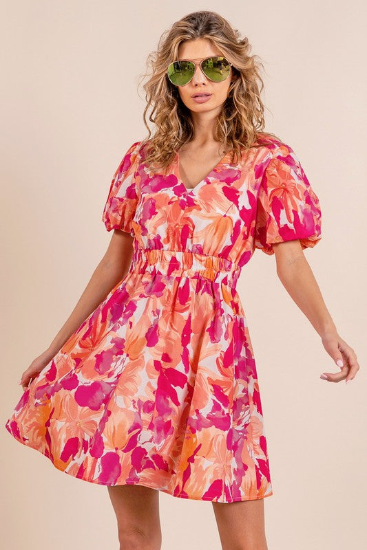 Puff Sleeve Floral Print V-Neck Dress