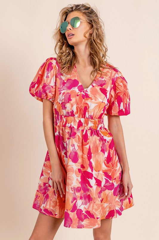 Puff Sleeve Floral Print V-Neck Dress