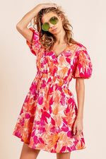 Puff Sleeve Floral Print V-Neck Dress