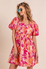 Puff Sleeve Floral Print V-Neck Dress