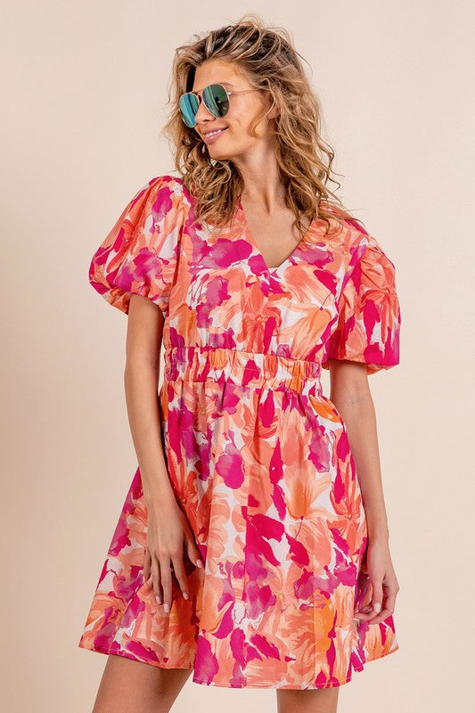 Puff Sleeve Floral Print V-Neck Dress