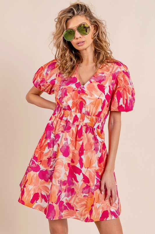 Puff Sleeve Floral Print V-Neck Dress