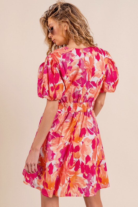 Puff Sleeve Floral Print V-Neck Dress