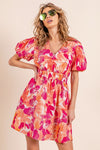 Puff Sleeve Floral Print V-Neck Dress