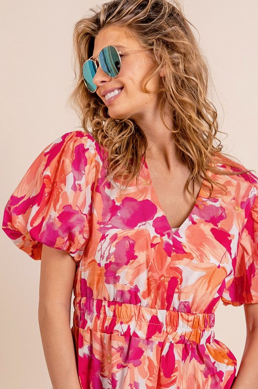 Puff Sleeve Floral Print V-Neck Dress