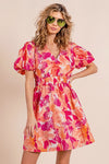 Puff Sleeve Floral Print V-Neck Dress
