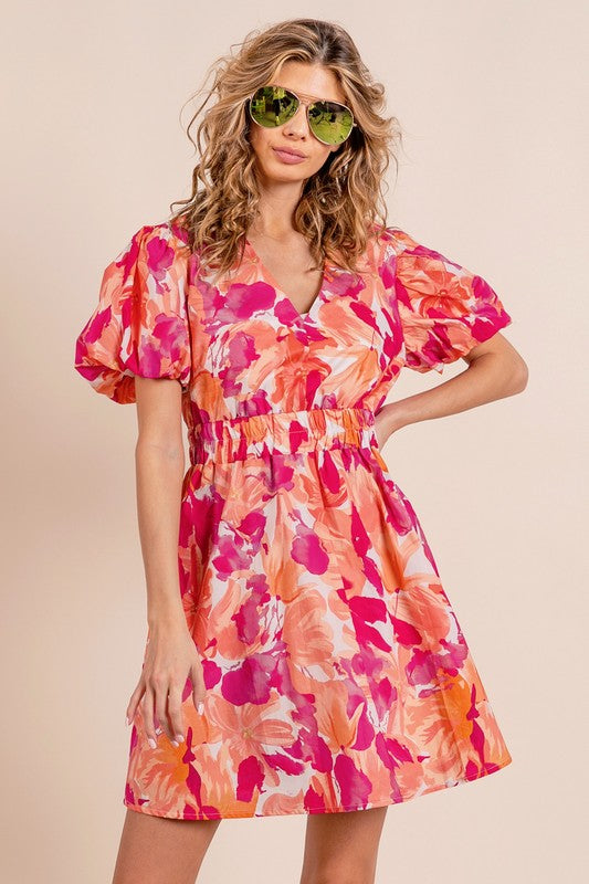 Puff Sleeve Floral Print V-Neck Dress