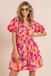 Puff Sleeve Floral Print V-Neck Dress