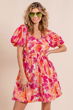Puff Sleeve Floral Print V-Neck Dress
