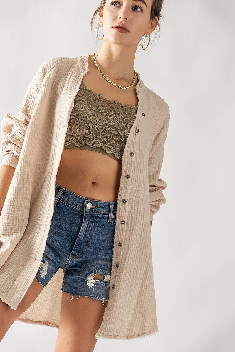 Frayed Hem Gauze Vintage Washed Shirt (Oatmeal)
