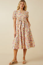 Puff Sleeve Floral Print Poplin Midi Dress