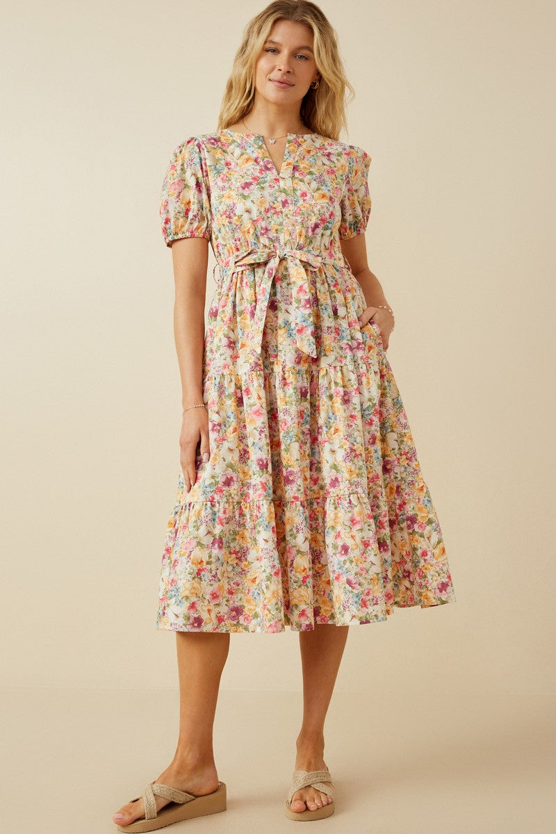 Puff Sleeve Floral Print Poplin Midi Dress