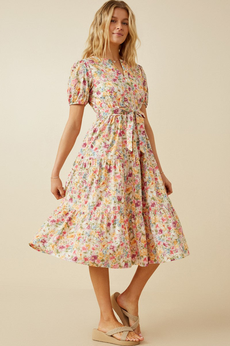 Puff Sleeve Floral Print Poplin Midi Dress