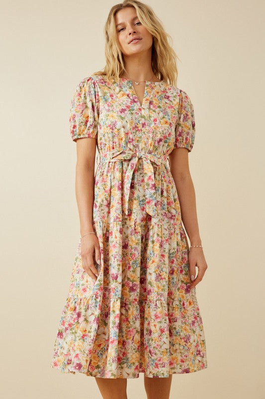Puff Sleeve Floral Print Poplin Midi Dress