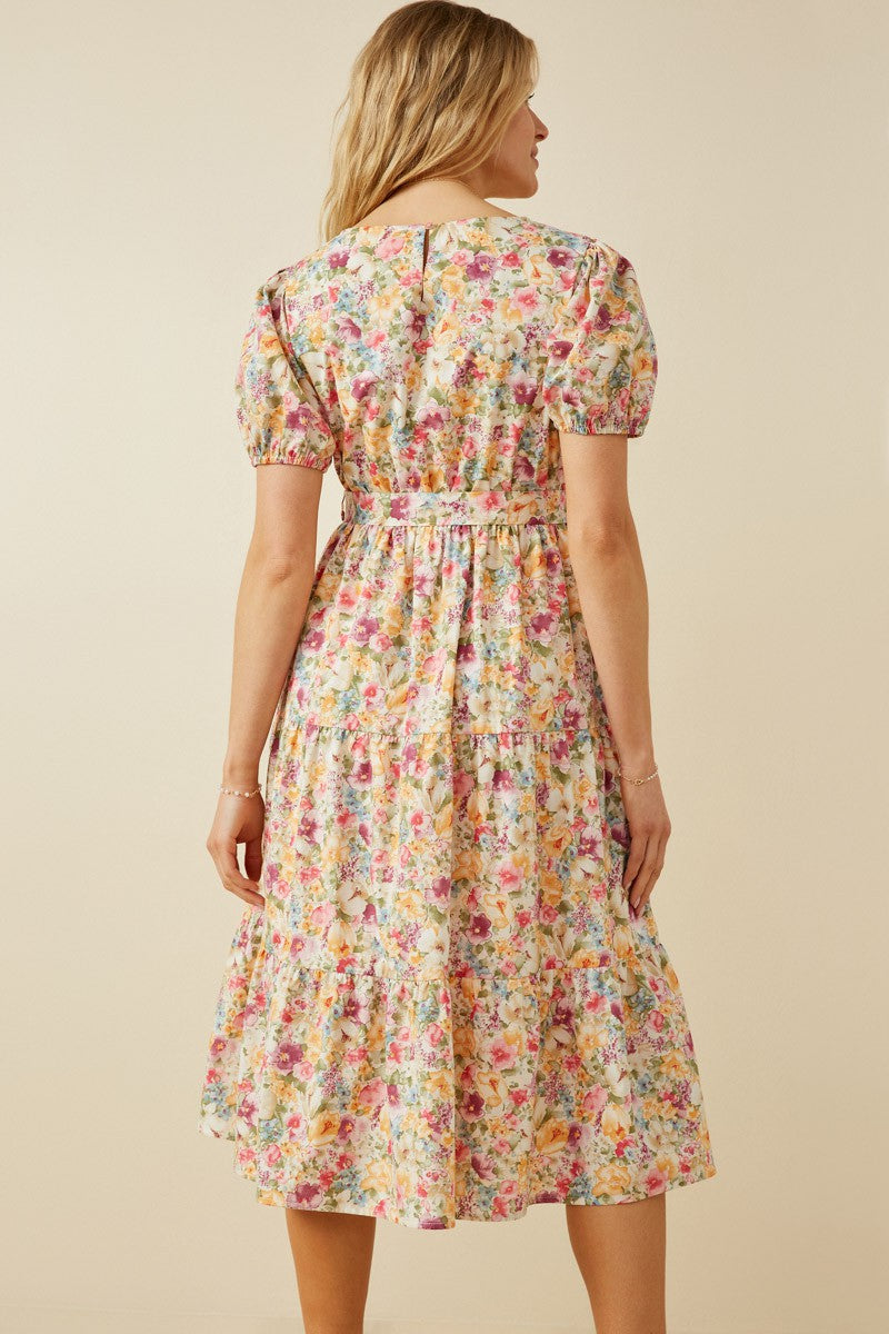Puff Sleeve Floral Print Poplin Midi Dress