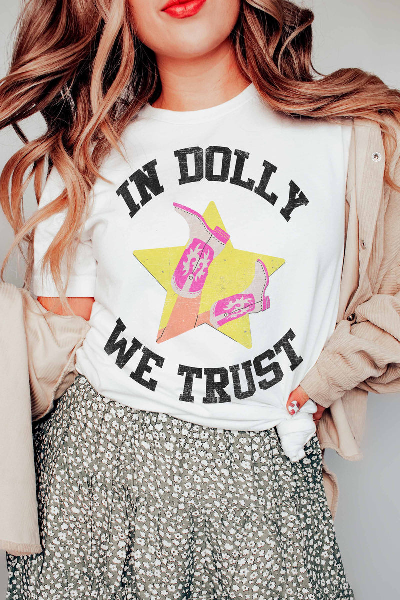 "In Dolly We Trust" Cowboy Boots Unisex T-Shirt (White)