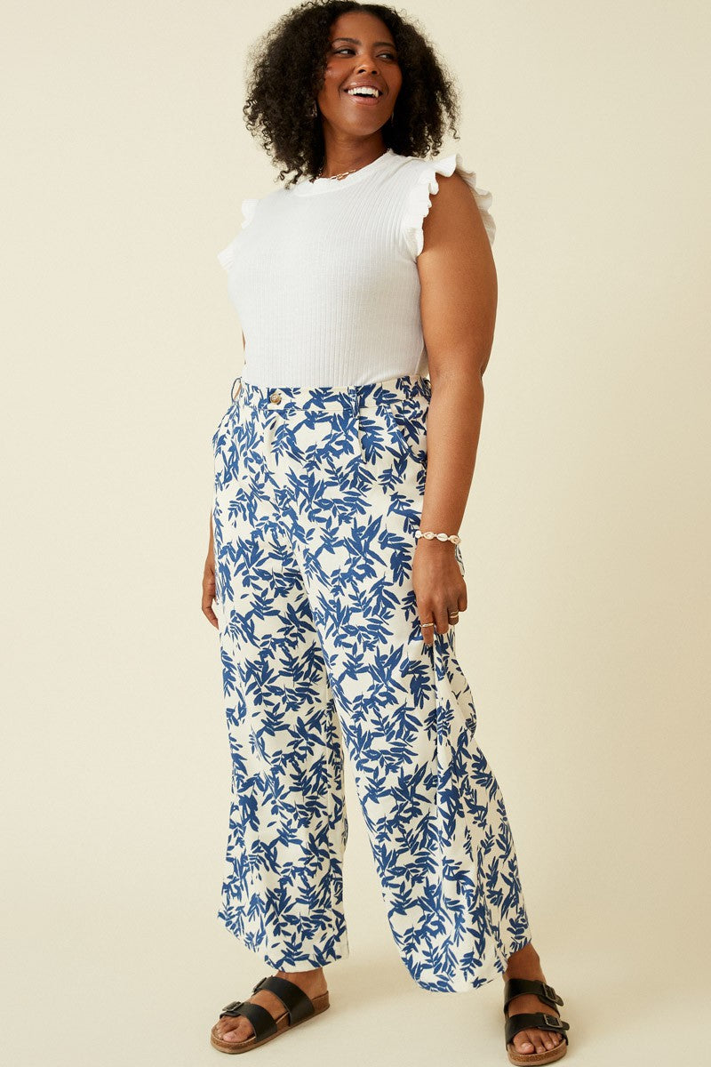 Blue & White Printed Wide Leg Pants (Plus Size)