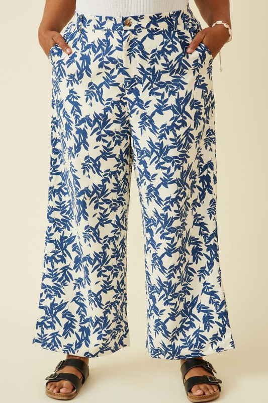 Blue & White Printed Wide Leg Pants (Plus Size)