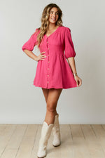 Smocked Waist Button Front 3/4 Sleeve Dress