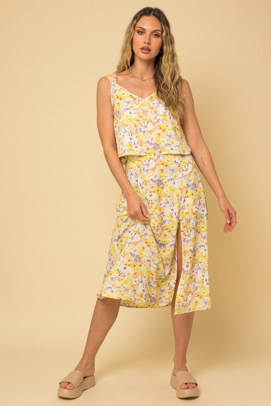 Front Slit Floral Print  Midi Skirt
