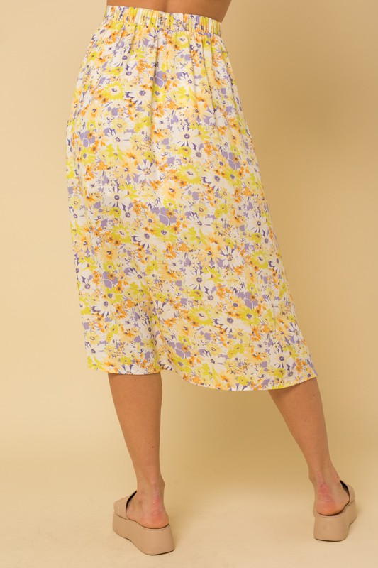 Front Slit Floral Print  Midi Skirt
