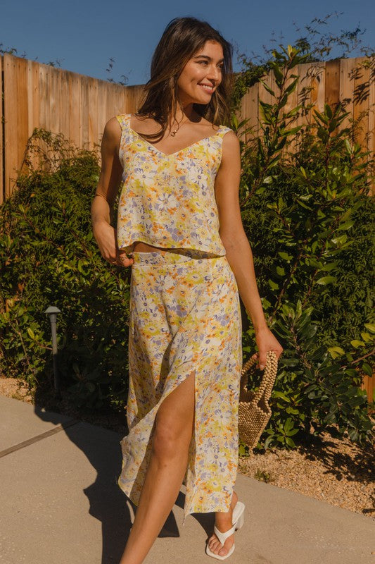 Front Slit Floral Print  Midi Skirt