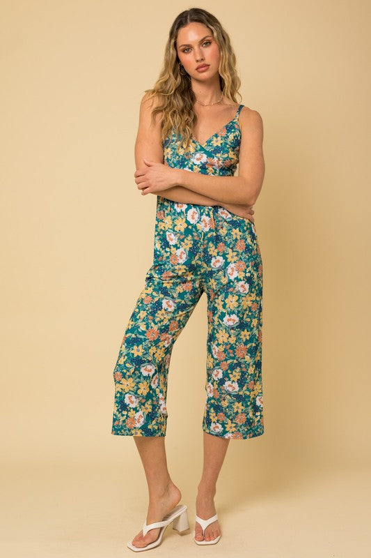 Cropped Leg Floral Sleeveless Jumpsuit