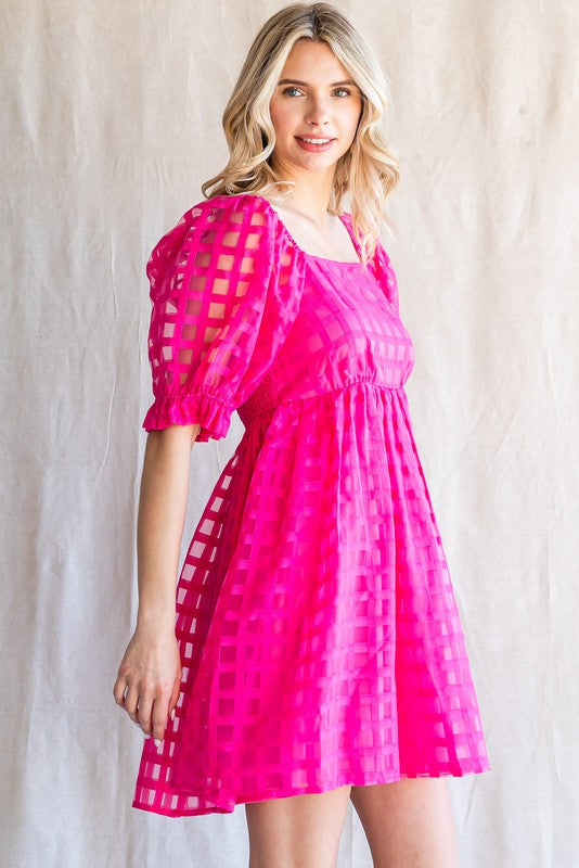 Textured Checkered Puff Sleeve Dress