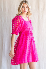 Textured Checkered Puff Sleeve Dress