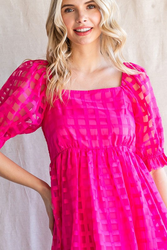 Textured Checkered Puff Sleeve Dress