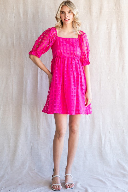 Textured Checkered Puff Sleeve Dress