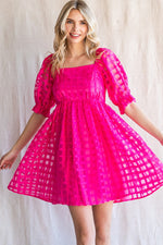 Textured Checkered Puff Sleeve Dress