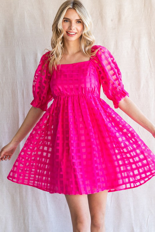 Textured Checkered Puff Sleeve Dress