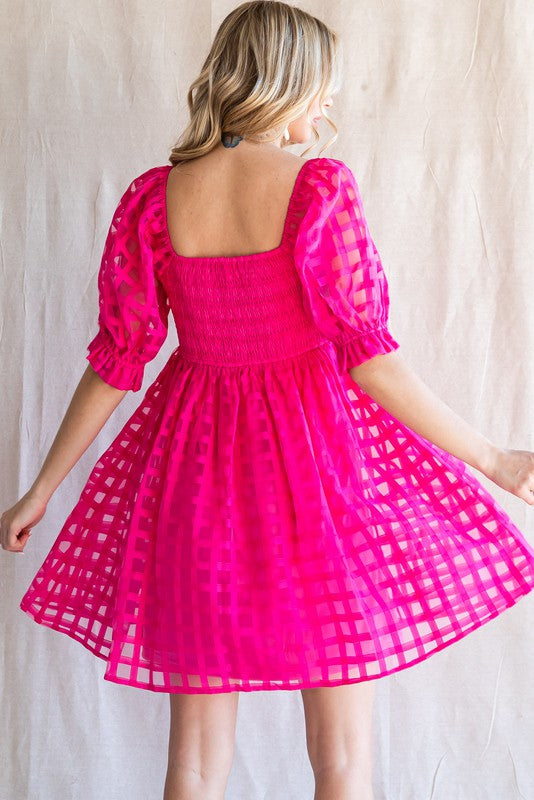 Textured Checkered Puff Sleeve Dress