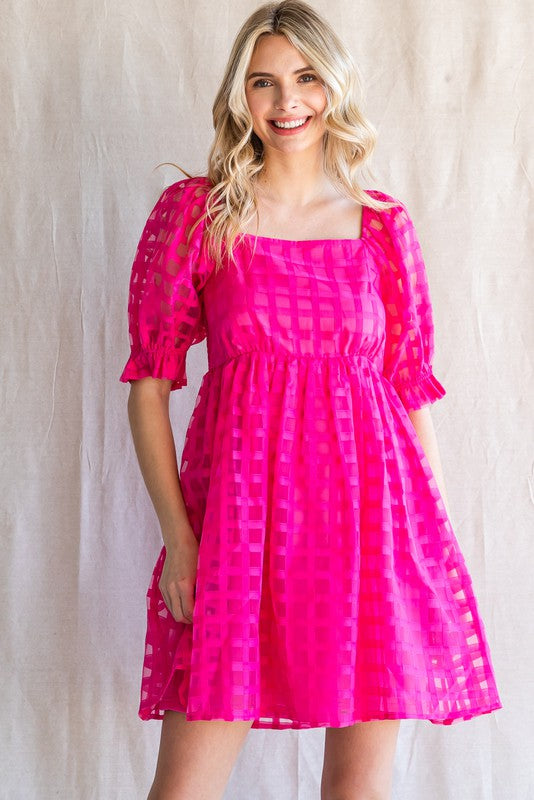 Textured Checkered Puff Sleeve Dress