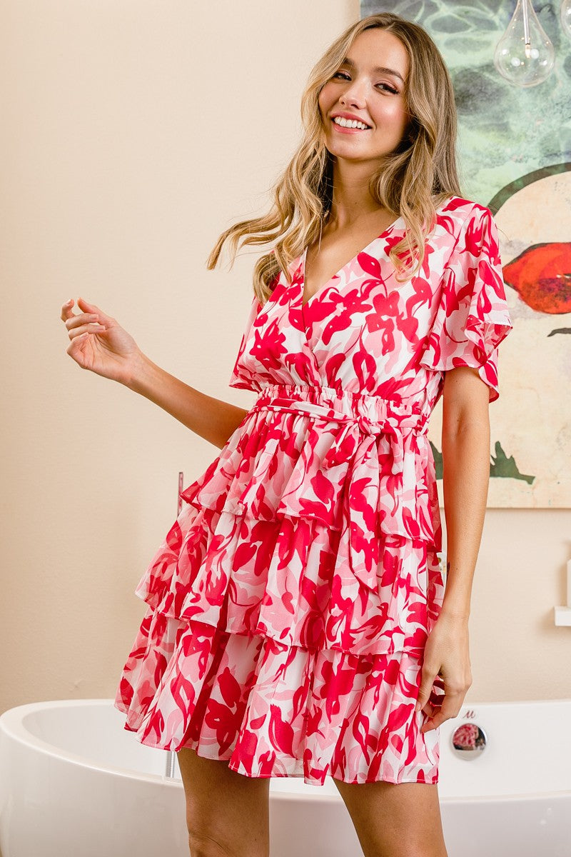 Flutter Sleeve Front Wrap Floral Print Dress