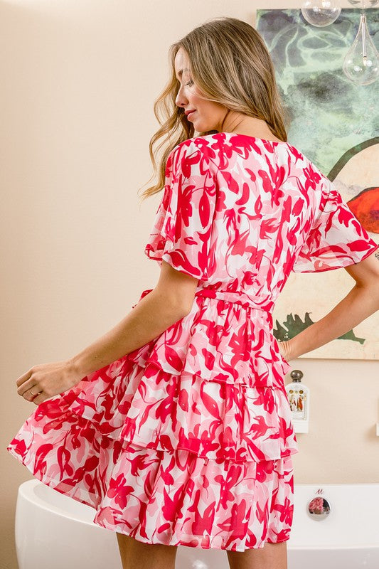 Flutter Sleeve Front Wrap Floral Print Dress