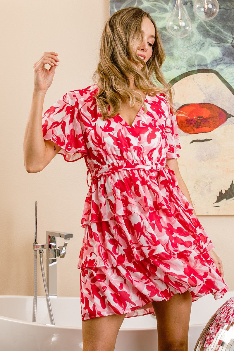 Flutter Sleeve Front Wrap Floral Print Dress