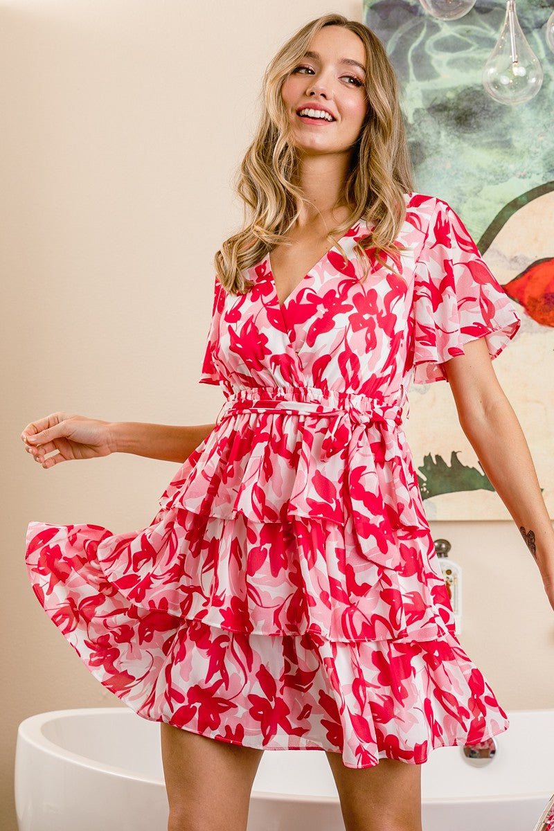 Flutter Sleeve Front Wrap Floral Print Dress