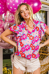 Bright Floral Print Ruffle Sleeve V-Neck Floral Top