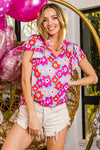 Bright Floral Print Ruffle Sleeve V-Neck Floral Top