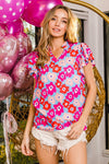 Bright Floral Print Ruffle Sleeve V-Neck Floral Top