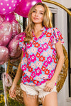 Bright Floral Print Ruffle Sleeve V-Neck Floral Top