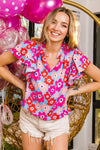 Bright Floral Print Ruffle Sleeve V-Neck Floral Top