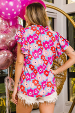 Bright Floral Print Ruffle Sleeve V-Neck Floral Top