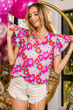 Bright Floral Print Ruffle Sleeve V-Neck Floral Top