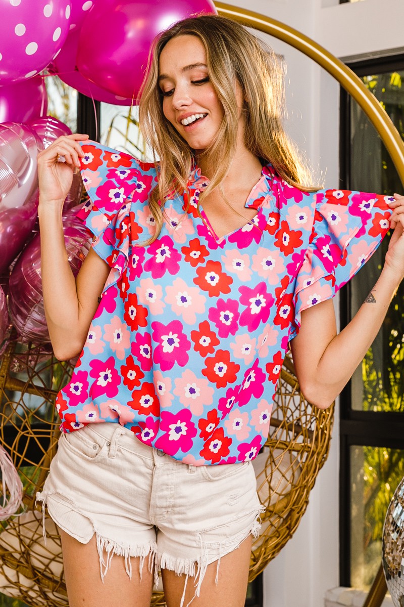 Bright Floral Print Ruffle Sleeve V-Neck Floral Top